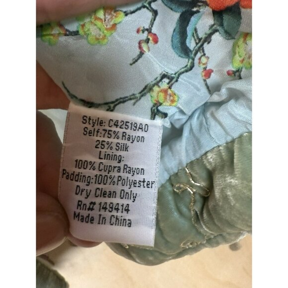 EUC Johnny Was Zaelia Lux Quilted Velvet Puffer Mint Green Coat Gold Trim XS/S - Picture 16 of 16